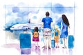 Young family travelling in international airport standing near window.