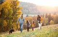 A young family with two small children and a dog on a walk in autumn nature. Royalty Free Stock Photo