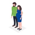 Young family waiting birth child, standing pregnant female and father character, paediatrics isometric 3d vector