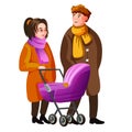 Young family walking at autumn street together with baby carriage vector cartoon illustration. Wife and husband in