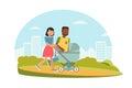 Young family walking in park flat illustration