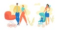 Young Family Walking in the Park. Parents with Baby Stroller. Mom and Dad with Newborn Child Royalty Free Stock Photo