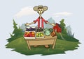 Young farmer in front of the table with fruits and vegitables, funny cartoon character standing on the grass with trees