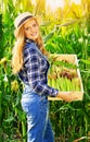 Young farmer girl on corn field. Royalty Free Stock Photo