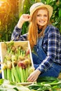 Young farmer girl on corn field. Royalty Free Stock Photo