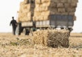 A young farmer is loading bales straw Royalty Free Stock Photo