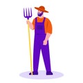 Young farmer with a pitchfork. Vector illustration in flat cartoon style. Isolated on a white background.