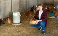 Young farmer at poultry farm holds basket of chicken eggs Royalty Free Stock Photo