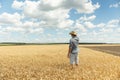 A young farmer in a shirt and a hat stands in the middle of an endless field of golden wheat against a blue sky. Copy Royalty Free Stock Photo