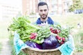 Young farmer showing a basket of vegetables in his garden Royalty Free Stock Photo