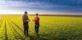 Young farmers examing planted wheat