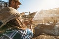 Young farmers washing horse inside corral ranch Royalty Free Stock Photo