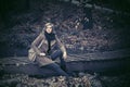 Young fashion blond woman in autumn forest Royalty Free Stock Photo