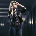 Young fashion blond woman in leather jacket calling on cell phone Royalty Free Stock Photo