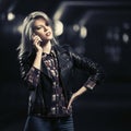 Young fashion blond woman in leather jacket calling on cell phone Royalty Free Stock Photo