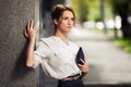 Young fashion business woman with handbag Royalty Free Stock Photo