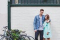 Young fashion caucasian couple looking at camera