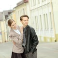 Young fashion couple posing outdoor in summer. Vintage portrait Royalty Free Stock Photo