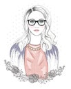 Young fashion girl illustration. Hipster girl with glasses