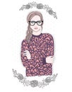Young fashion girl illustration. Hipster girl with glasses