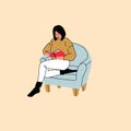 Young fashion woman or girl sitting on the chair or sofa at home with book. Female character visiting friend, relaxing