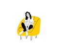Young fashion woman or girl sitting on the chair or sofa at home. Female character visiting friend, relaxing after work