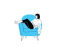 Young fashion woman or girl sitting on the chair or sofa at home. Female character visiting friend, relaxing after work