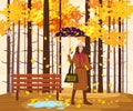 Young fashion woman with umbrella in the autumn park city, trendy clothes street fashionable style outwear female, fall