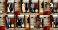 Young fashionista is trying different outfits in changing room of clothing store, collage shot