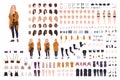 Young fat curvy woman or plus size girl constructor or DIY kit. Set of body parts, facial expressions, clothing