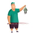 Young fat man with fish rod and fishes in his hands. Caught two fish. Fisher in hat. Successful fishing