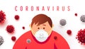 Young fat man in a medical mask and coronavirus germs and cells on a white background. Vector illustration Royalty Free Stock Photo