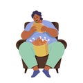 Young fat woman character eating fried chicken legs and loaf of bread suffering from obesity
