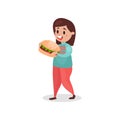 Young fat woman eating giant burger, harmful habit and addiction cartoon vector Illustration Royalty Free Stock Photo