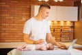 Father is changing nappy to his baby boy Royalty Free Stock Photo