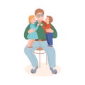 Young Father Having His Children Kissing His Cheek Vector Illustration