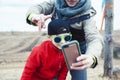 Young father with his son having fun outside in spring field, happy family smiling, lifestyle people making selfie Royalty Free Stock Photo