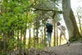 Young father and his two kids hiking in the woods. Family of three having fun on a walking trail on sunny spring day Royalty Free Stock Photo