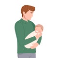 Young Father Holding His Newborn Wrapped in Baby Linen in Arms Vector Illustration