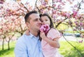 Young father holding small daughter outside in spring nature. Royalty Free Stock Photo