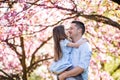 Young father holding small daughter outside in spring nature. Royalty Free Stock Photo