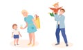 Young Father and Mother Congratulating Child with Birthday and Playing with It Vector Illustration Set