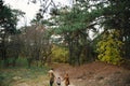 Young father, mother and little toddler daughter girl in a beret and a coat walk holding hands in the autumn forest Royalty Free Stock Photo