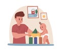 Young father playing with baby. Dad spending time with toddler during paternity leave. Fatherhood concept. Colored flat