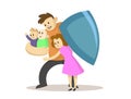 Young father protecting his family with a shield. Family security, insurance concept. Flat vector illustration, isolated