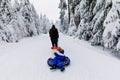 Young father pull little toddler girl and school kid boy on snow tube. Happy children having fun outdoors in winter on