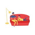 Young father reading book to his son. Man and boy at home on sofa. Happy parent and child. Flat vector design Royalty Free Stock Photo