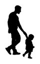 Young father and son holding hands walking on the street vector silhouette illustration. Parent spend time with son. Man and boy. Royalty Free Stock Photo