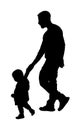Young father and son holding hands walking on the street vector silhouette. Parent spend time with son. Man and boy in walk. Royalty Free Stock Photo