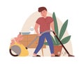 Young father with vacuum cleaner doing household chores with funny baby. Housekeeping and fatherhood concept. Colored